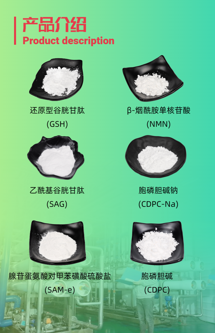 古特生物產品系列：還原型谷胱甘肽GSH、乙酰基谷胱甘肽SAG、煙酰胺單核苷酸NMN、胞磷膽堿鈉CDPC-Na、腺苷蛋氨酸對甲苯磺酸硫酸鹽SAMe